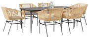 vidaXL Conjunto jantar jardim 7 peças almofadas vidro vime PE castanho