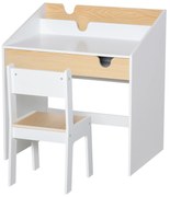 HOMCOM Secretária para Crianças de 3 e 6 Anos Conjunto de Mesa e Cadeira com Prateleira para Livros 70x50x75 cm Branco e Madeira | Aosom Portugal