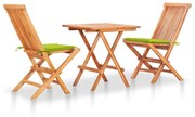 vidaXL Conjunto bistrô c/ almofadões verde brilhante 3 pcs teca maciça