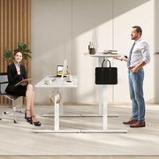 Secretária de pé eléctrica 160 x 60 cm com altura ajustável 2 ganchos e orifícios para cabos Branca