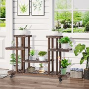 Suporte para Plantas de 4 Níveis com Rodas Suporte para Vasos de Plantas 123,5x33x80 cm Castanho Escuro