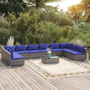 11 pcs conjunto lounge de jardim c/ almofadões vime PE cinzento