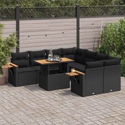 vidaXL 9 pcs conjunto sofás p/ jardim almofadões vime PE/acácia preto