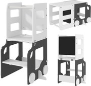 AIYAPLAY Torre de Aprendizagem 4 em 1 para Crianças em Forma de Carro Convertível em Mesa e Cadeira 58x46x92 cm Branco e Cinza | Aosom Portugal