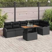 vidaXL Conjunto de Sofá de Jardim 7 Peças com Almofadas de Rattan Preto e Acácia