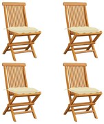 vidaXL Cadeiras de jardim c/ almofadões branco nata 4 pcs teca maciça
