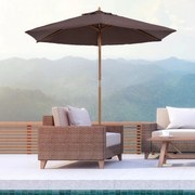 Chapéu de Sol Ø250x230cm Chapéu de Sol com Mastro de Madeira com 6 Hastes Sistema de Polia com Fixação para Jardim Pátio Terraço Castanho