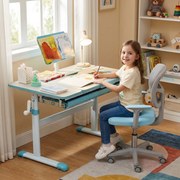 Conjunto 2 em 1 de secretária e cadeira para crianças Secretária ajustável em altura e ângulo com cadeira ergonómica giratória Azul