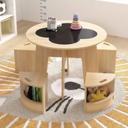 Conjunto de mesa e cadeiras para crianças de 5 peças: mesa redonda empilhável para crianças com bancos para atividades, economiza espaço, estilo natur