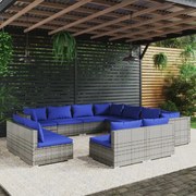 11 pcs conjunto lounge de jardim c/ almofadões vime PE cinzento