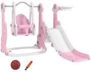 AIYAPLAY Escorrega Infantil 4 em 1 Parque Infantil com Baloiço e Escorrega Escalador Cesto de Basquetebol 147,5x160x107 cm Rosa | Aosom Portugal