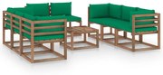 9 pcs conjunto lounge para jardim com almofadões verdes