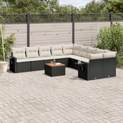 vidaXL 11 pcs conjunto sofás de jardim c/ almofadões vime PE preto