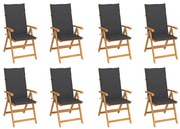 vidaXL Cadeiras de jardim reclináveis c/ almofadões 8 pcs teca maciça