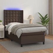 Cama box spring c/ colchão/LED 100x200 cm couro artif. castanho