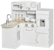 HOMCOM Cozinha de Brinquedo de Madeira para Crianças acima de 3 Anos Cozinha Infantil com Frigorífico Microondas Lavatório e 14 Acessórios 86x64x84,5cm Branco