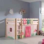 Conjunto Cama alta de Criança PINO 90 x 200 cm + estrado + escada + cortina + 3 bolsas Primavera Natural