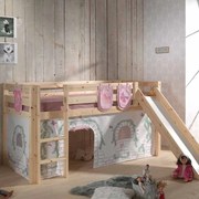 Conjunto Cama alta de Criança PINO 90 x 200 cm + estrado + escada + escorrega + cortina + bolsas de arrumação Pássaros Natural