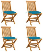 Cadeiras de jardim c/ almofadões azul-claro 4 pcs teca maciça