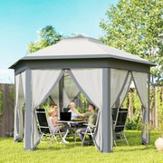 Tenda Dobrável 4x3,4 m Tenda de Jardim Hexagonal com Duplo Tecto 6 Mosquiteiras Destacáveis e Saco de Transporte Cinzento