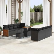 vidaXL Conjunto de Sofá de Jardim de 11 Peças com Almofadas Pretas em Rattan de Poliéster e Acácia