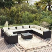 vidaXL 11 pcs conjunto lounge de jardim c/ almofadões vime PE preto