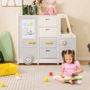 Estante para brinquedos em forma de autocarro para crianças com quadro branco, 4 gavetas e armários, 111 x 34 x 94 cm Bege + Cinza