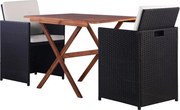 vidaXL Conjunto bistrô com almofadões 3 pcs vime PE e acácia preto