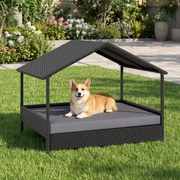 Cama de rattan para cães com toldo de rattan, para jardim 98 x 69 x 74 cm, Suporta 60 kg Almofada removível para interior e exterior cinza e preto