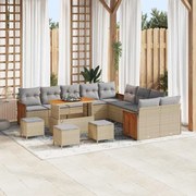 vidaXL Conjunto de Sofá de Jardim com 14 Peças e Almofadas Bege, Polirattan, Madeira de Acácia