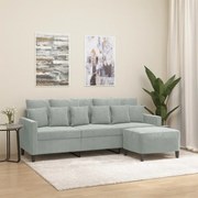 Sofá de 3 lugares com apoio de pés 180 cm veludo cinzento-claro