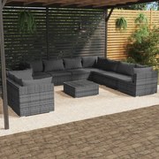 10 pcs conjunto lounge de jardim c/ almofadões vime PE cinzento