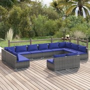 12 pcs conjunto lounge de jardim c/ almofadões vime PE cinzento