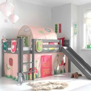 Conjunto Cama alta de Criança PINO 90 x 200 cm + estrado + escada + escorrega + tunel + cortina + bolsas de arrumação Primavera Cinzenta