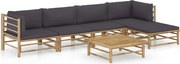 vidaXL 6 pcs conj. lounge jardim em bambu c/ almofadões cinza-escuro