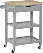 HOMCOM Carrinho de Cozinha com Rodas e Tampo em Madeira 2 Prateleiras 1 Gaveta 66,5x40x84,5 cm Cinza | Aosom Portugal