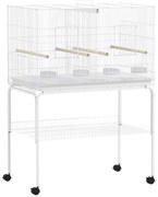 PawHut Gaiola para Passarinho com Divisória Rodas Gaiola para Aves com Comedouros Poleiros e Bandeja Removível 94x57x128 cm Branco | Aosom Portugal