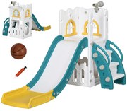 AIYAPLAY Escorrega Infantil 4 em 1 para Crianças com Cesto de Basquetebol Telescópio Escalador 70x177x92 cm Amarelo e Verde | Aosom Portugal