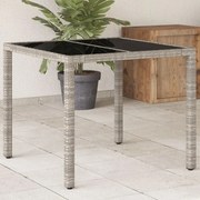vidaXL Mesa de jardim c/ tampo de vidro 90x90x75cm vime PE cinza-claro