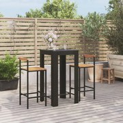 vidaXL 3 pcs conjunto de bar p/ jardim vime PE/acácia maciça preto
