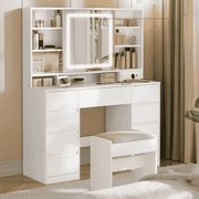 Toucador 40 x 110 x 141,5 cm com espelho LED (BANCO NÃO INCLUIDO), tomada e nove gavetas Branco nuvem