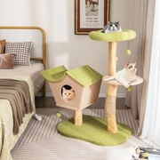 Arranhador para gatos com torre de madeira de 110 cm, com plataforma superior almofadada, com postes para arranhar e plataforma de salto verde