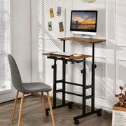 Mesa móvel para computador com rodas Mesa de pé e sentada ajustável em altura para escritório em casa cor nogueira e preto