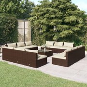 13 pcs conjunto lounge jardim c/ almofadões vime PE castanho