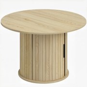 HOMCOM Mesa de centro redonda, mesa de sala com arrumação, porta deslizante ripada, 2 prateleiras, efeito madeira natural | Aosom Portugal