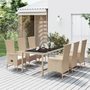 7 pcs conjunto de jantar p/ jardim com almofadões vime PE bege