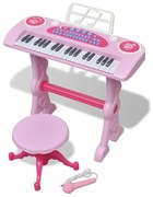 Teclado de brincar infantil com banco/microfone, 37 teclas, rosa