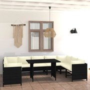 vidaXL 10 pcs conjunto lounge de jardim c/ almofadões vime PE preto
