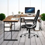 Secretária de canto moderna em forma de L, com mesa de desenho inclinável com prateleira inferior, estrutura em metal - Castanho Escuro