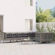 10 pcs conjunto lounge de jardim c/ almofadões vime PE cinzento